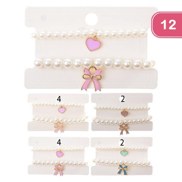 PEARL STRETCH HEART RIBBON CHARM BRACELET SET (12 UNITS)