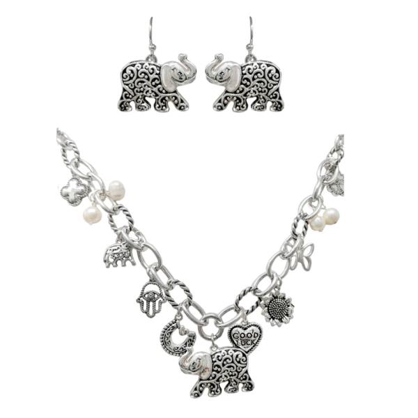 FILIGREE PATTERN ELEPHANT MULTI CHARM METAL NECKLACE