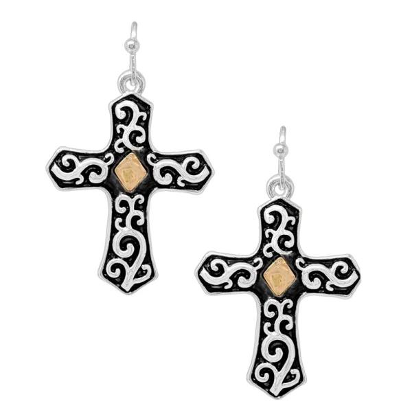 FILIGREE PATTERN CROSS DANGLE EARRING