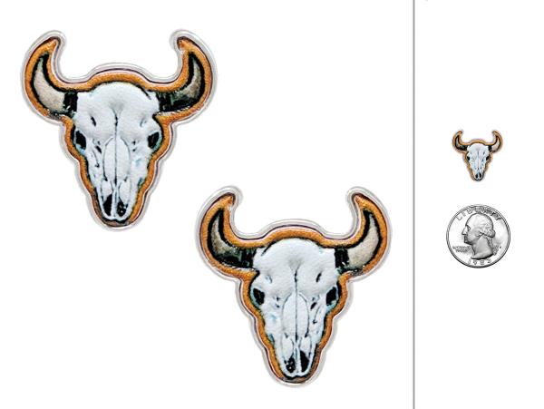 WESTERN STYLE CATTLE HEAD TOOLED LEATHER DANGLE EARRING