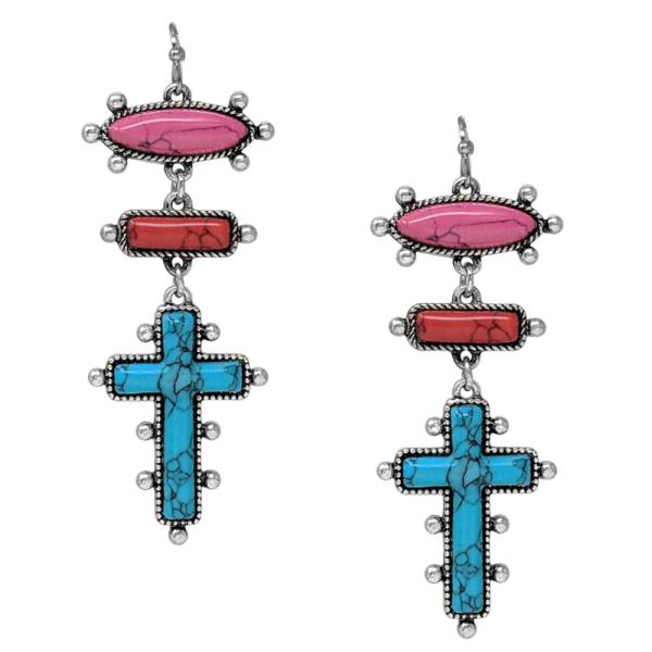 WESTERN STYLE MULTI STONE CROSS DANGLE EARRING