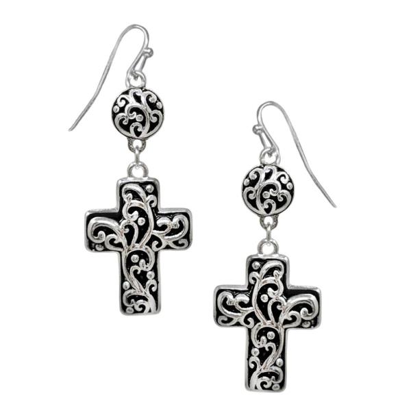 FILIGREE PATTERN CROSS DANGLE EARRING