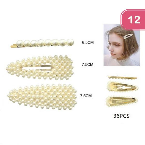 PEARL SNAP HAIR CLIP PIN 3 PC SET (12 UNITS)