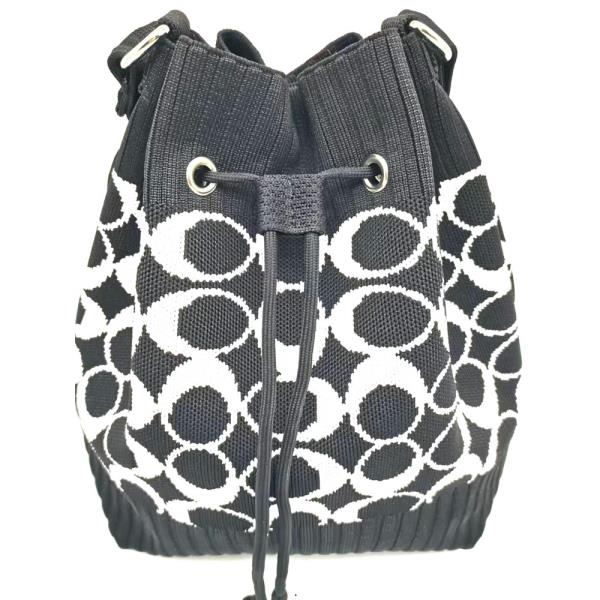 KNIT DRAWSTRING BUCKET BAG WITH CIRCLE PATTERN DESIGN