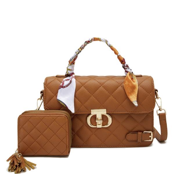 2IN1 QUILTED SCARF HANDLE SATCHEL W WALLET SET