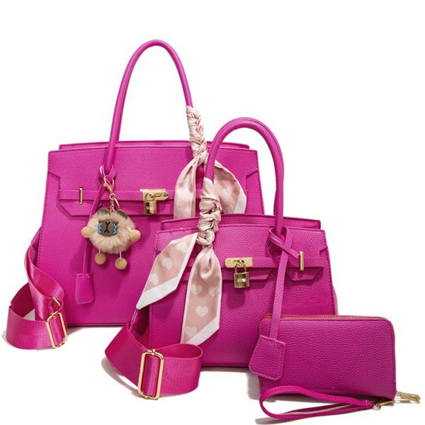 3IN1 SMOOTH TEXTURED HANDLE SATCHEL W MATCHING BAG AND WALLET SET