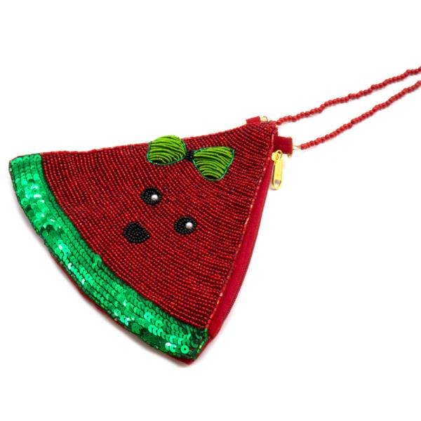 WATERMELON SHAPE BEADED CROSSBODY BAG WITH BOW