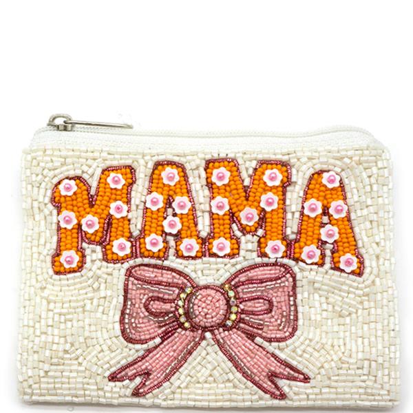 SEED BEAD MAMA PINK BOW BEADED COIN POUCH