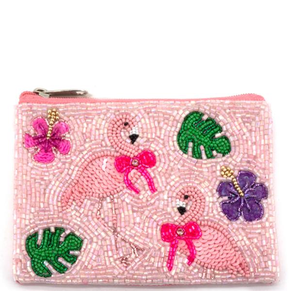 FLAMINGO & HAWAIIAN FLOWER BEADED POUCH