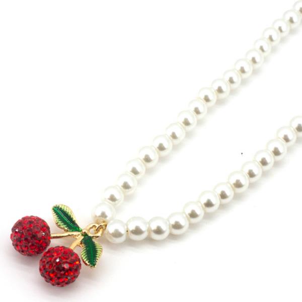 PEARL NECKLACE WITH CHERRY CRYSTAL PENDANT