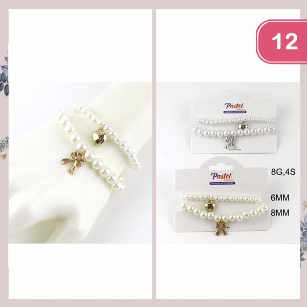 HEART RIBBON PEARL BRACELET SET(12 UNITS)