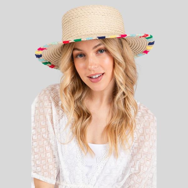 (ONLINE ONLY) MULTICOLORED WIDE STITCH TRIM STRAW SUN HAT