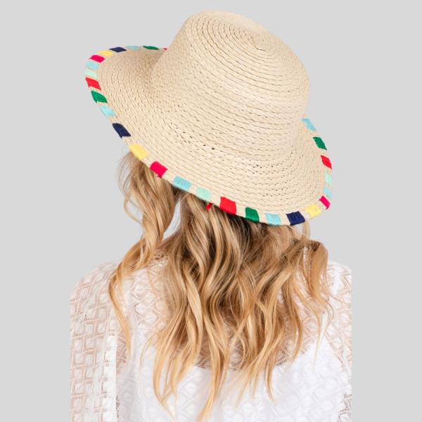 MULTICOLORED WIDE STITCH TRIM STRAW SUN HAT