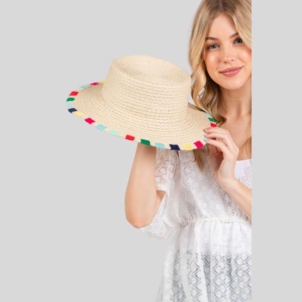 (ONLINE ONLY) MULTICOLORED WIDE STITCH TRIM STRAW SUN HAT