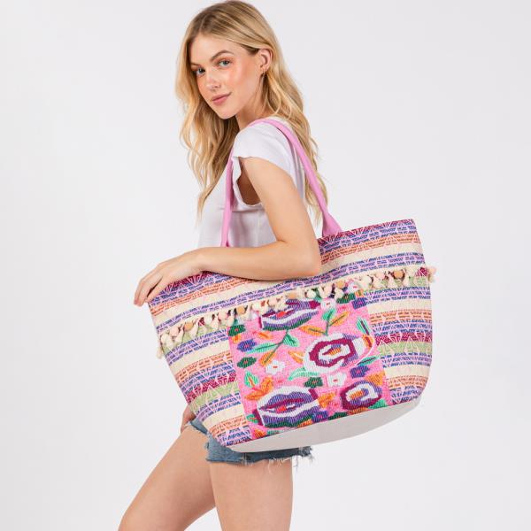 BOHO PRINT POMPOM FRINGE TOTE BAG