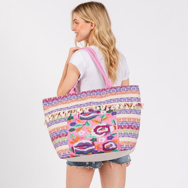 BOHO PRINT POMPOM FRINGE TOTE BAG