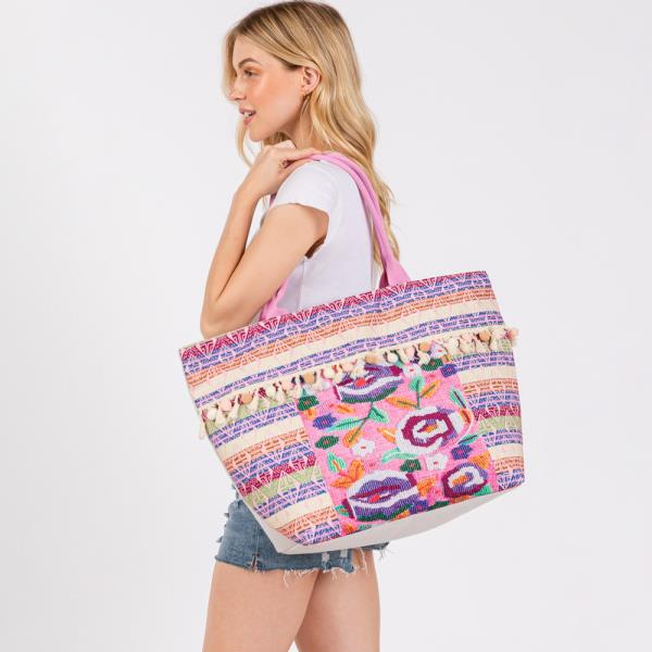 BOHO PRINT POMPOM FRINGE TOTE BAG