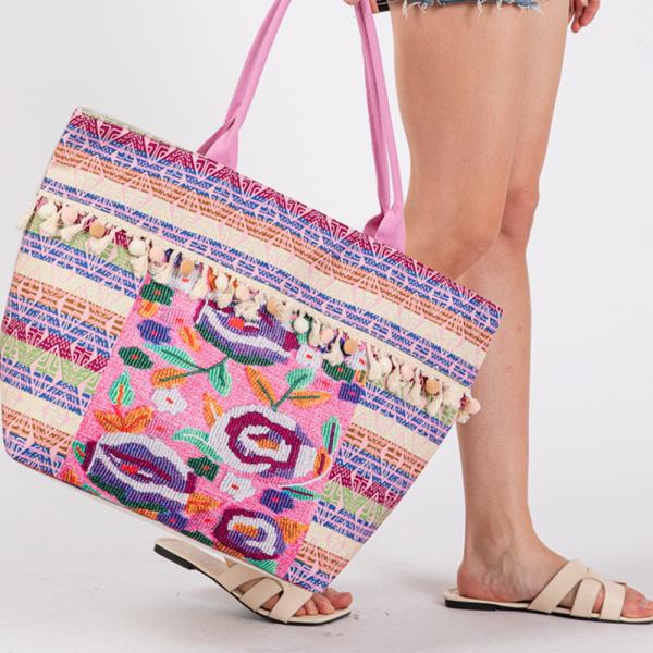 (ONLINE ONLY) BOHO PRINT POMPOM FRINGE TOTE BAG