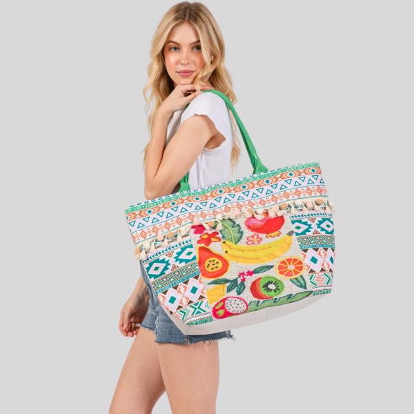 FRUITS BOHO PRINT POMPOM FRINGE TOTE BAG