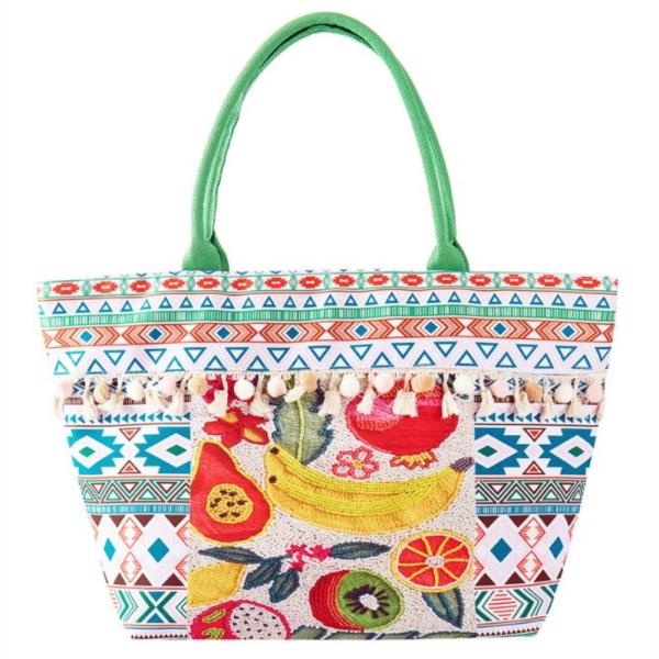 (ONLINE ONLY) FRUITS BOHO PRINT POMPOM FRINGE TOTE BAG