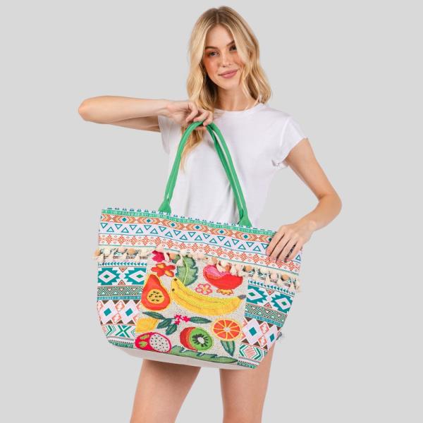 (ONLINE ONLY) FRUITS BOHO PRINT POMPOM FRINGE TOTE BAG