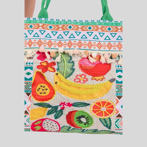 (ONLINE ONLY) FRUITS BOHO PRINT POMPOM FRINGE TOTE BAG