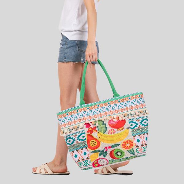 (ONLINE ONLY) FRUITS BOHO PRINT POMPOM FRINGE TOTE BAG