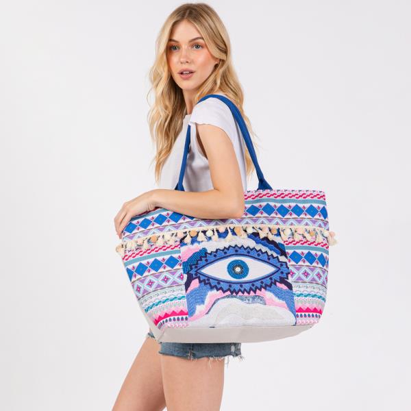 (ONLINE ONLY) EVIL EYE BOHO PRINT POMPOM FRINGE TOTE BAG