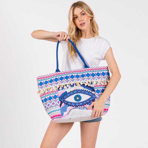 (ONLINE ONLY) EVIL EYE BOHO PRINT POMPOM FRINGE TOTE BAG