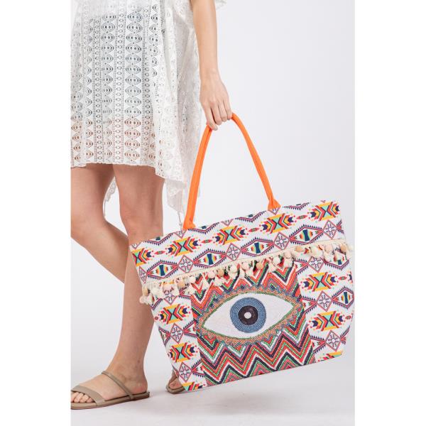 (ONLINE ONLY) EVIL EYE BOHO PRINT POMPOM FRINGE TOTE BAG