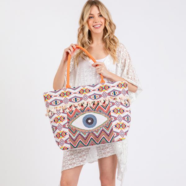 (ONLINE ONLY) EVIL EYE BOHO PRINT POMPOM FRINGE TOTE BAG