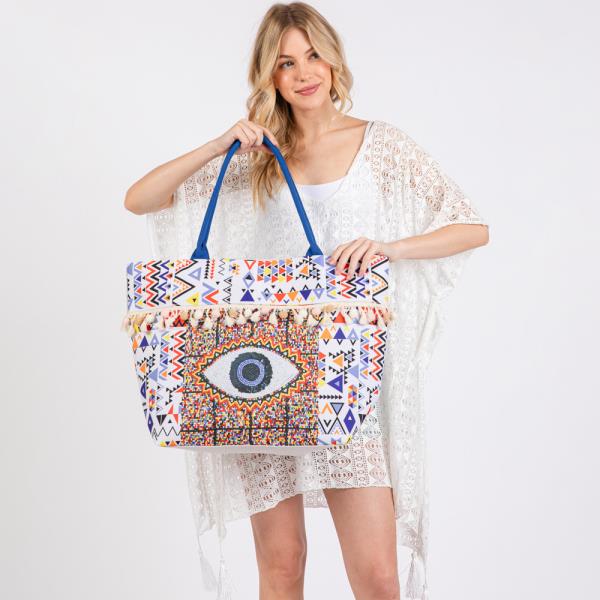 (ONLINE ONLY) EVIL EYE BOHO PRINT POMPOM FRINGE TOTE BAG