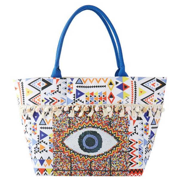 (ONLINE ONLY) EVIL EYE BOHO PRINT POMPOM FRINGE TOTE BAG