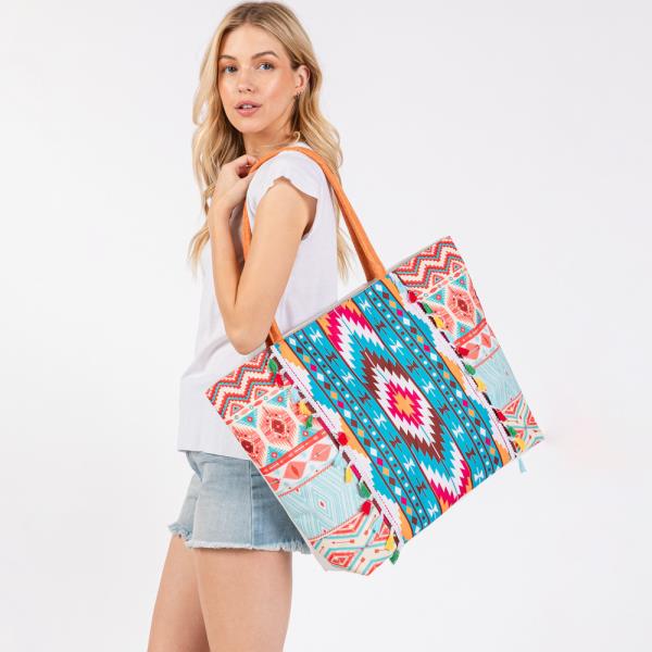 BOHO PRINT FRINGE TOTE BAG