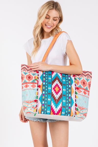 (ONLINE ONLY) BOHO PRINT FRINGE TOTE BAG