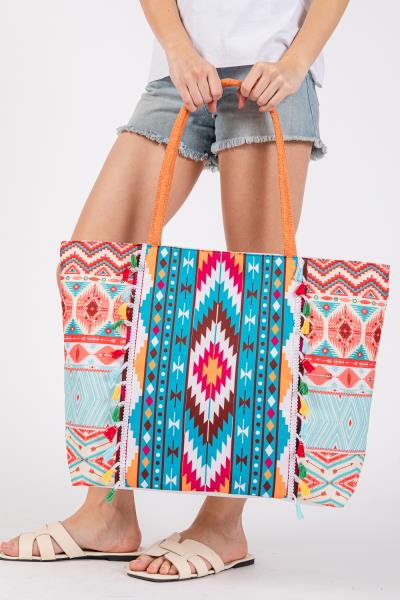 (ONLINE ONLY) BOHO PRINT FRINGE TOTE BAG