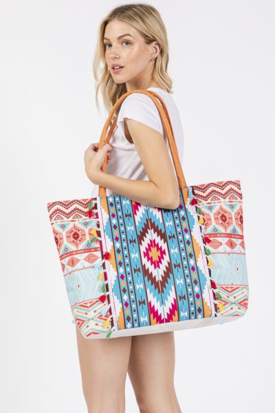 (ONLINE ONLY) BOHO PRINT FRINGE TOTE BAG