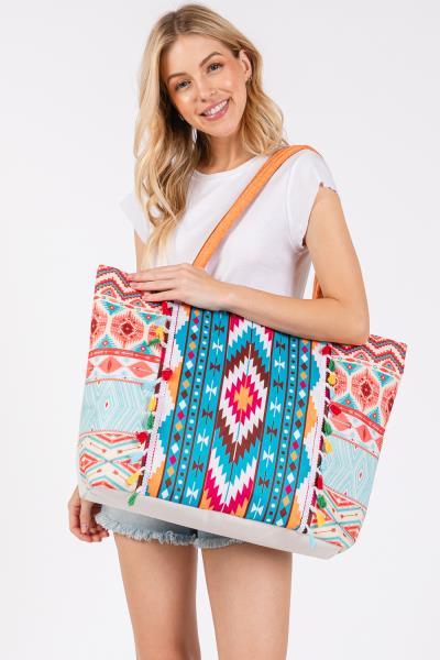 (ONLINE ONLY) BOHO PRINT FRINGE TOTE BAG