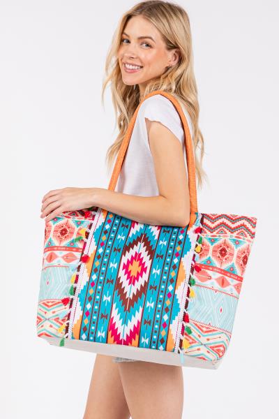 (ONLINE ONLY) BOHO PRINT FRINGE TOTE BAG