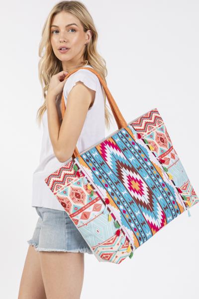 (ONLINE ONLY) BOHO PRINT FRINGE TOTE BAG