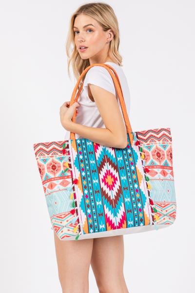 (ONLINE ONLY) BOHO PRINT FRINGE TOTE BAG