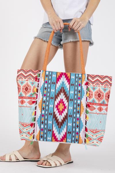 (ONLINE ONLY) BOHO PRINT FRINGE TOTE BAG