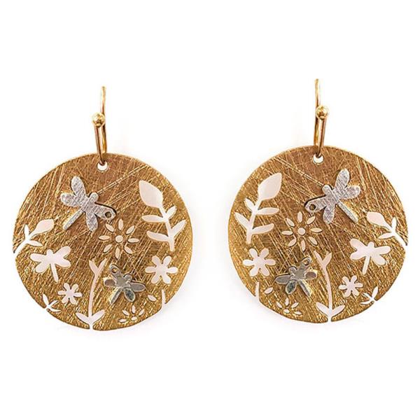 ROUND TEXTURED BACKGROUND DRAGONFLY  AND FLORAL CUTOUT DETAILS EARRING