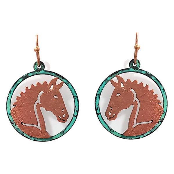 TEXTURED METAL HORSE HEAD CIRCLE FRAME CUTOUT DANGLE HOOK EARRINGS