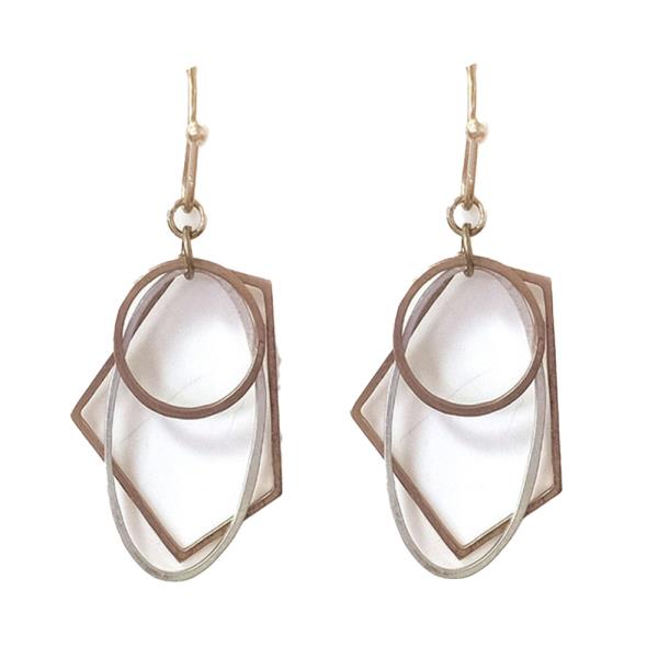 TEXTURED METAL GEOMETRIC LAYERED SHAPES DANGLE HOOK EARRINGS