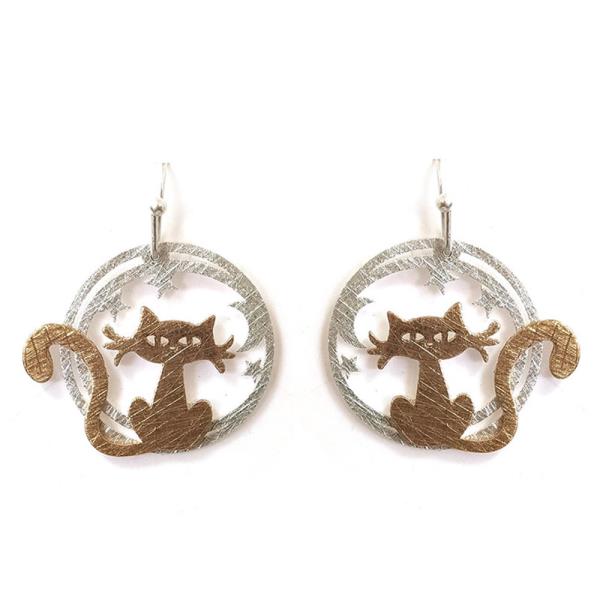 ELEGANT GOLD AND SILVER MOON CAT EARRINGS