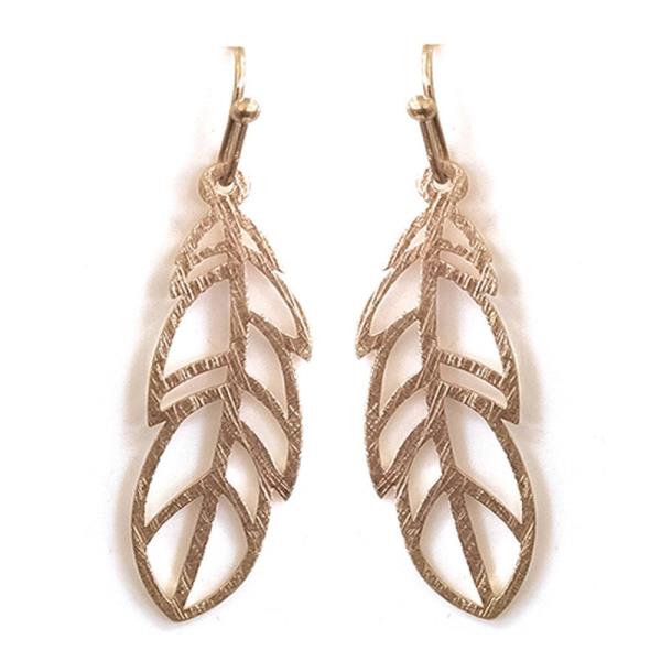 TEXTURED METAL FEATHER CUTOUT DESIGN DANGLE HOOK EARRINGS