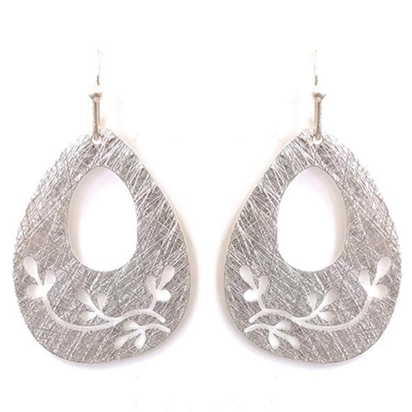 TEXTURED METAL TEARDROP CUTOUT FLORAL DESIGN DANGLE HOOK EARRINGS