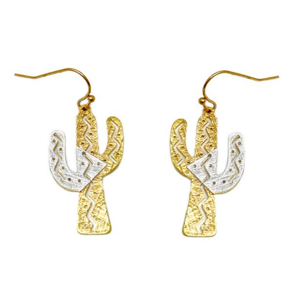 TEXTURED METAL CACTUS LAYERED DESIGN DANGLE HOOK EARRINGS