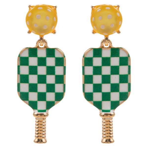 PICKLE BALL SHAPED ENAMEL W/ CHECKER PATTERN EARRING